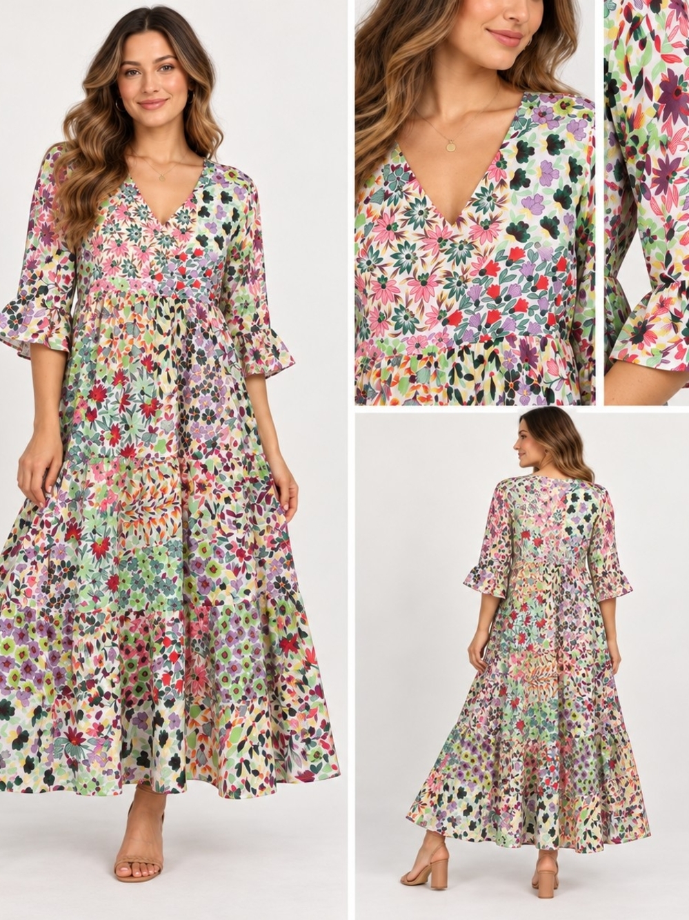 Floral V-Neck Tiered Midi Boho Dress in Multicolor